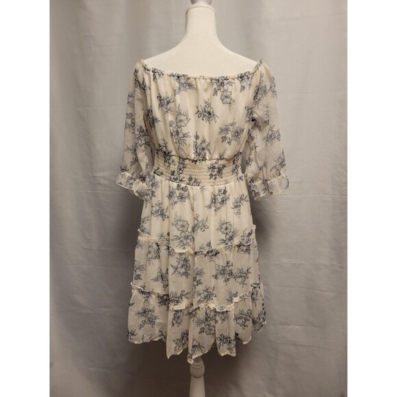Cottagecore Floral Chiffon Dress Womens Large Off Shoulder Puff Sleeve Ruffles - Picture 4 of 11